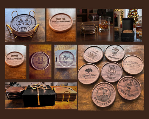 Custom Logo Coaster Set – Engraved Walnut Corporate Drink Coasters for Business Gifts & Events